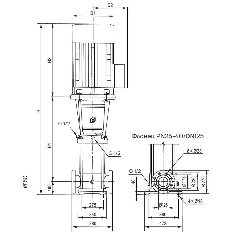CDM_120_dimensional Насос вертикальный многоступенчатый CNP CDMF120-7-2 (стандартное исполнение)