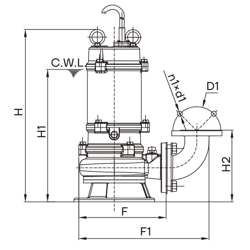 install-elbow-under-flange Насос канализационный погружной CNP 100WQ70-17-7.5EFW(I) (с коленом под фланец)