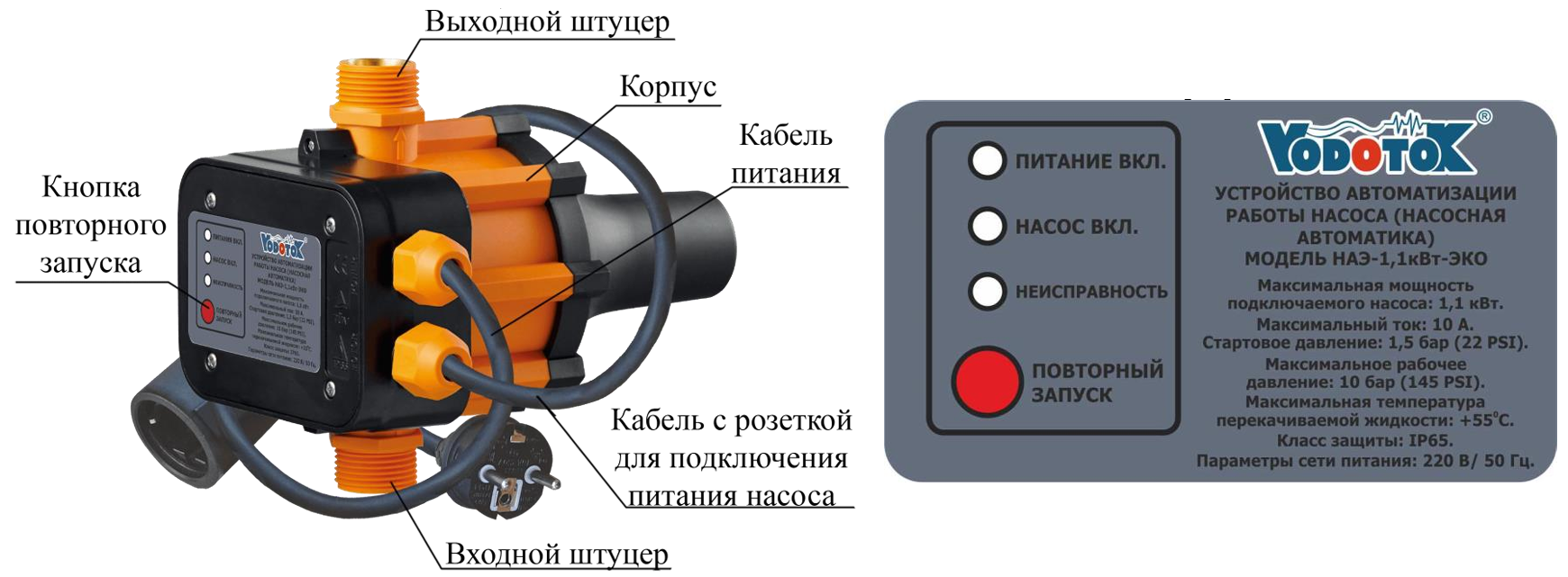 Устройство автоматизации и управления электродвигателями водяных насосов Vodotok НАЭ-1,1кВт-ЭКО