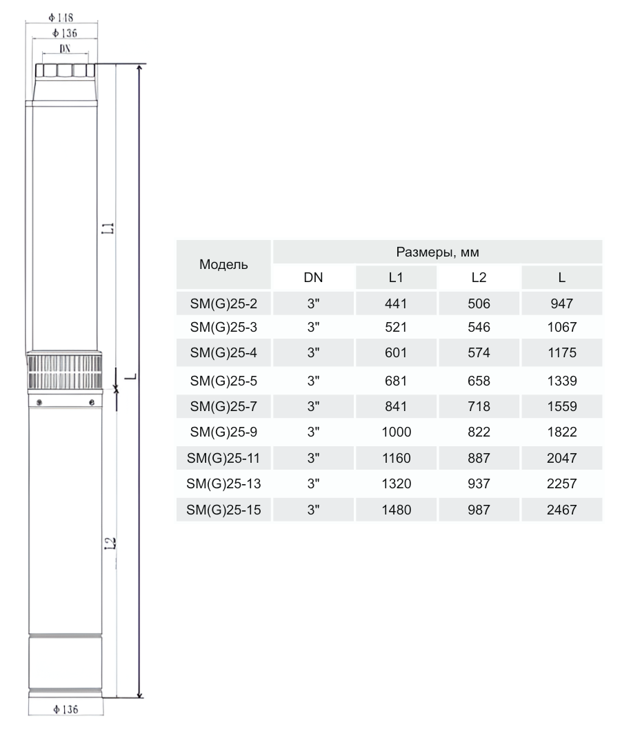 Насос вертикальный многоступенчатый погружной CNP SM(G)25-2S