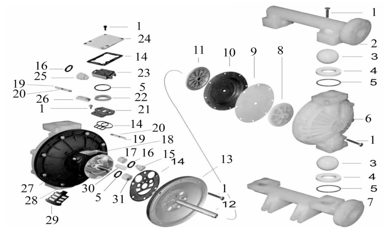 Насос диафрагменный с пневматическим приводом Vodotok GMB2P-25TFF(PP/TEFLON)